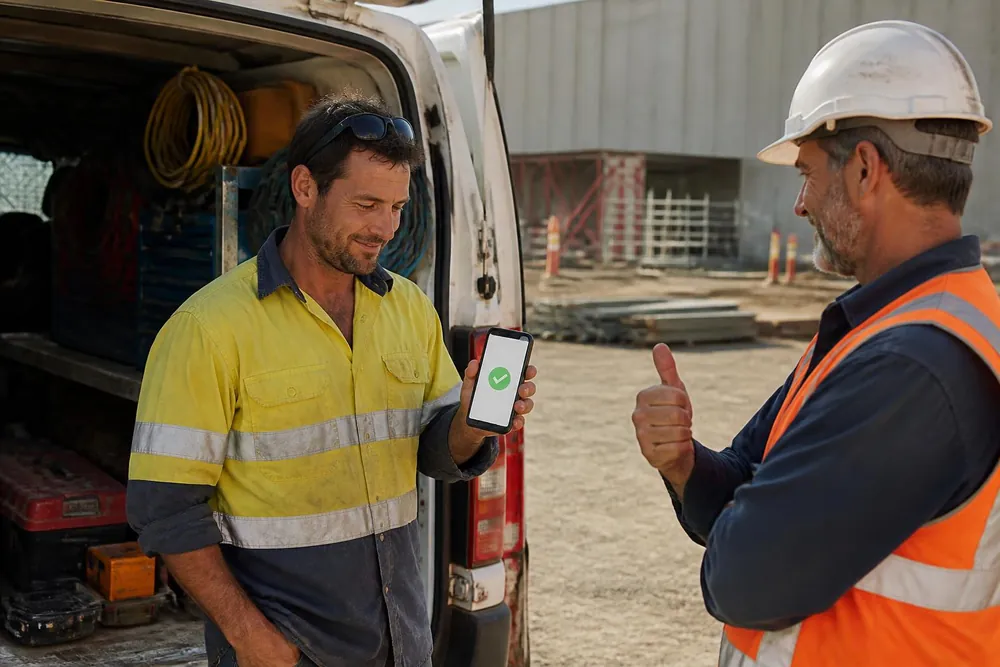 A field technician shows a payment confirmation on a phone to a site manager.