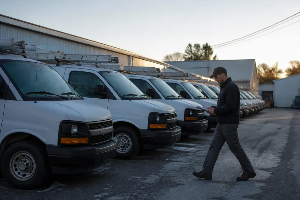 A row of white service vans in a company yard, with a technician checking a clipboard.