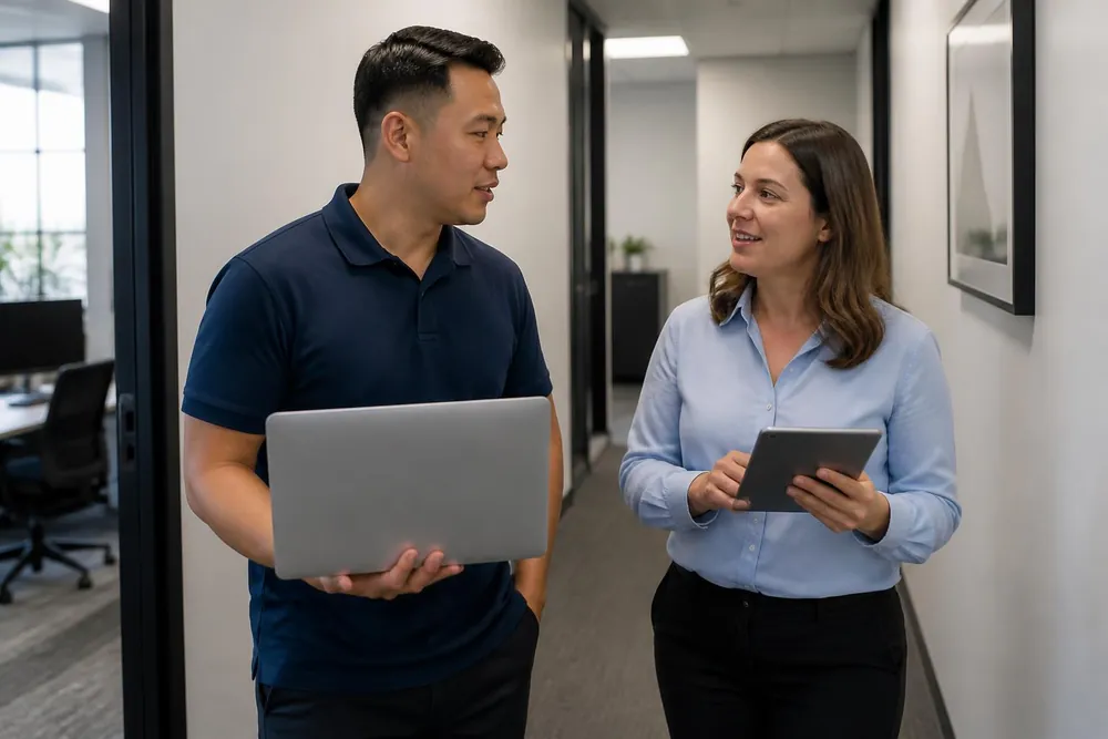 A technician and an office manager walk and talk in a modern office hallway.