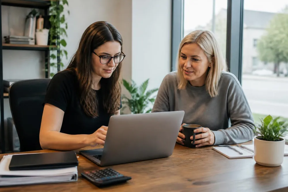 Two colleagues review an invoice together on a laptop in a bright office.