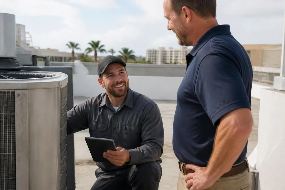 A technician and a property manager talk beside an HVAC unit on a rooftop.