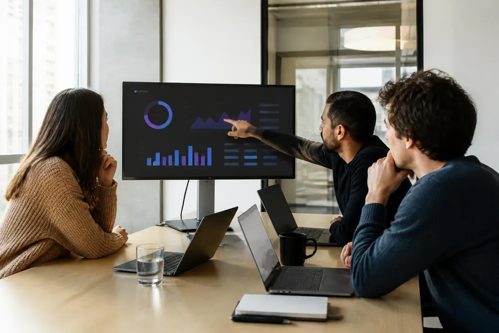 A small team reviews a payment dashboard on a large screen.