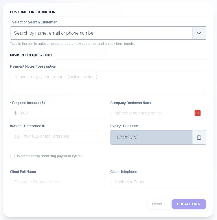 The form to create a payment request: customer, amount, invoice number and due date.