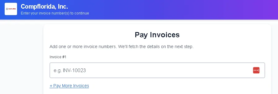 The payment page your customer sees, with a field to enter the invoice number.